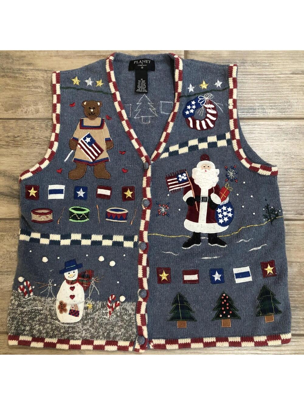 Planet Company Womens Sweater Vest Ugly Holiday Christmas Patriotic‎ USA Size M - Picture 1 of 12